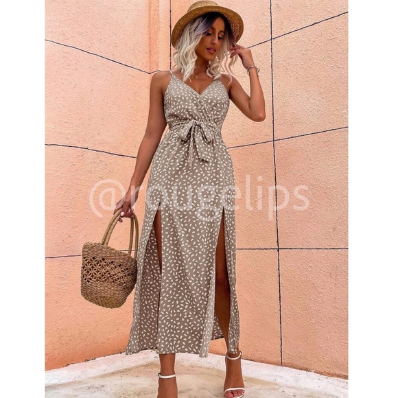 Khaki Spotted Print Long Dress V-Neck Tie Belt Cami  Leg Slit Faux Wrap - Picture 7 of 8